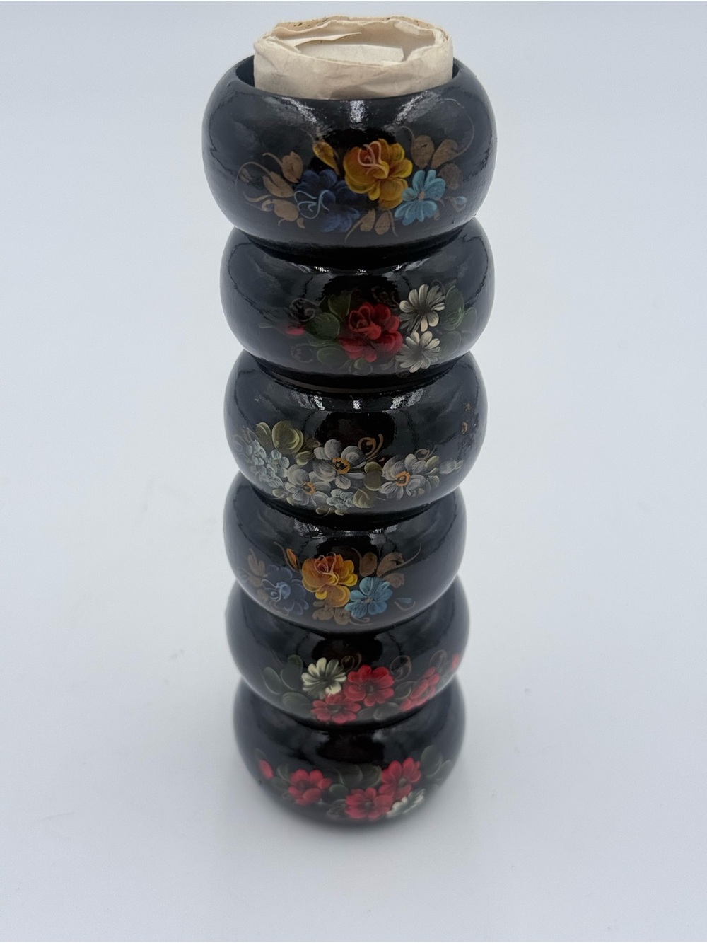 Vintage Napkin Rings Set of 6 Rosemaling Painted Wood Floral Norwegian Folk Art